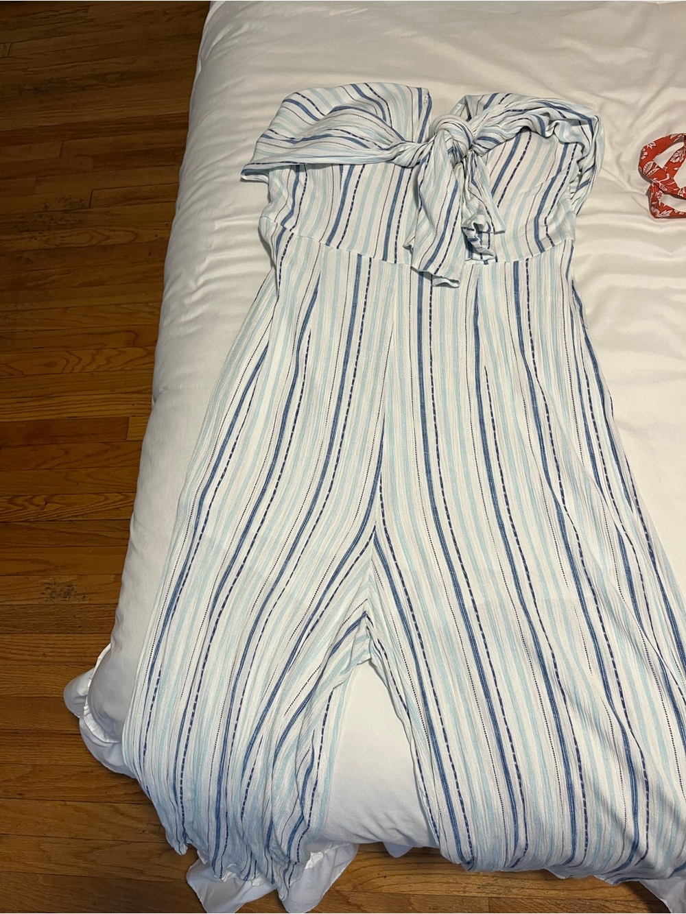 Riley & James white and blue vertical striped jumpsuit